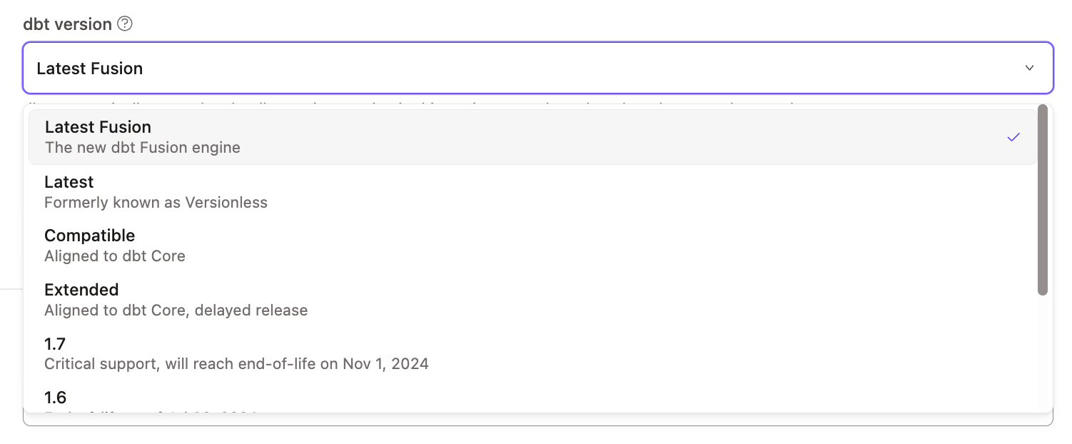 Select Fusion Stable from the dbt version dropdown Select Fusion Stable from the dbt version dropdown
